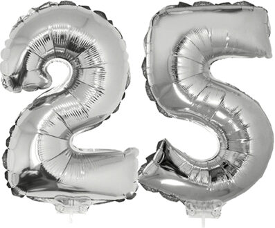 25 jaar leeftijd versiering cijfers - verjaardag - ballonnen op stokje - van 41 cm - zilver