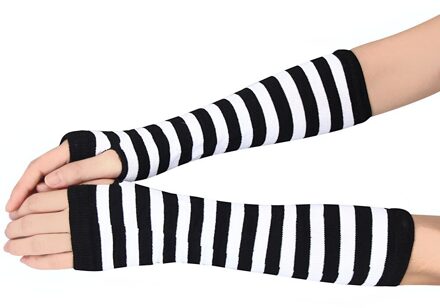 25 # Winter Mode Gestreepte Pols Hand Warmer Gebreide Zwart Wit Lange Vingerloze Handschoenen Mitten Arm Warmers Vrouwen Mouwen
