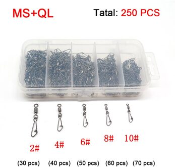 250 stks/set Vissen Swivel Snap Rolling Swivel Maat 2 4 6 8 10 # Haak Lijn Connector Vissen Tool MS-QL