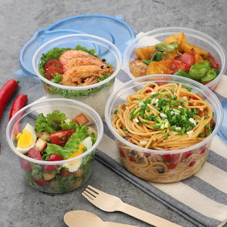 25pcs Net red disposable round lunch box thick packaging plastic box party food container fruit salad transparent bowl with lid