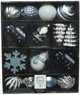 25x Kerstballen en kersthangers figuurtjes lichtblauw/wit kunststof - Kersthangers