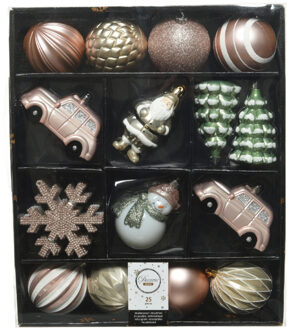 25x Kerstballen en kersthangers figuurtjes salie groen/parel/lichtroze/wit kunststof - Kersthangers Multikleur