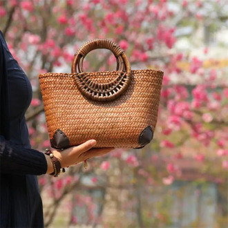 25x14CM New Thai Handmade Straw Bag Ethnic Style Lattice Bag Rattan Woven Bag Original Weaving Handbag Women a6104