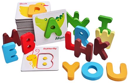 26 Pcs Kids Houten Cartoon Dier Stijl Alfabet Kartonnen Flash Kaarten Puzzel Onderwijs Speelgoed Set met Opbergtas voor Kids