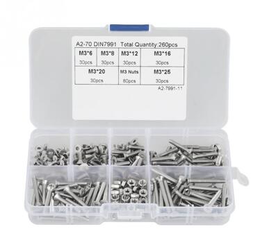 260 Stuks Hex Socket Bouten M3 Bouten En Moeren 304 Roestvrij Staal Hex Socket Platte Kop Schroef Fiets Hex Bouten moer Schroef Kit