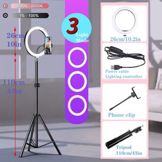 26Cm Led Selfie Ring Licht Cirkel Ronde Lamp Vulling Licht Dimbare Statief Trepied Make Fotografie Ringlicht Telefoon Standhouder met 110cm statief
