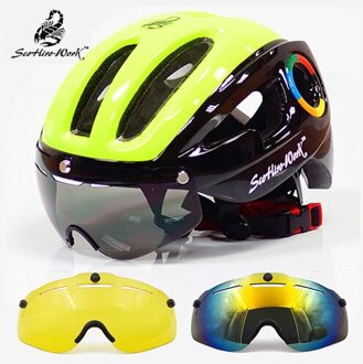 270G Ultralight Man Eps Fietshelm Road Mtb Mountainbike Helm Lenzen Fietsen Apparatuur Bril 9 Vents Casco Ciclismo groen-zwart 3 lens