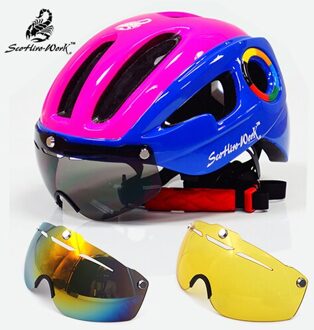 270G Ultralight Man Eps Fietshelm Road Mtb Mountainbike Helm Lenzen Fietsen Apparatuur Bril 9 Vents Casco Ciclismo roze-blauw 3 lens