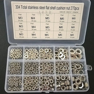 270pcs boxed M3 M4 M5 M6 M8 stainless steel flat pad spring pad hex nut combination set