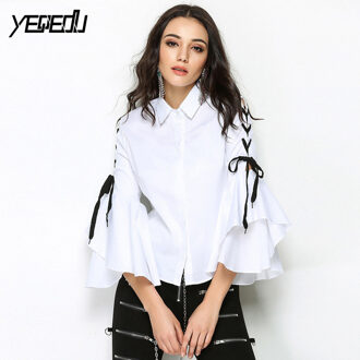 #2722 Witte Blouse Vrouwen Bandage Flare Mouwen Revers Blusa Feminina Womens Blouses En Tops Engeland Stijl Flared Manchet