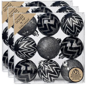 27x stuks gedecoreerde kunststof kerstballen zwart 6 cm