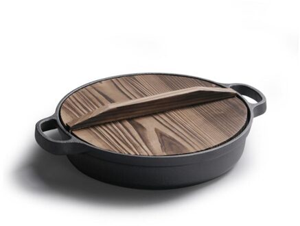 28 Cm Gietijzeren Koekenpan Met Houten Cover Pannenkoek Pan Ongecoat Pan Koekenpan Inductie Fornuis Universele Kookgerei