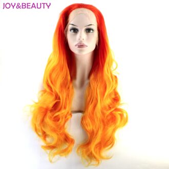 28 inch Rood Oranje Synthetische Ombre Lace Front Pruik Hittebestendige Lang Golvend Haar Voor Cosplay pruiken