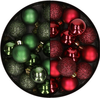 28x stuks kleine kunststof kerstballen bordeaux rood en dennengroen 3 cm