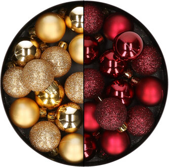 28x stuks kleine kunststof kerstballen bordeaux rood en goud 3 cm Donkerrood