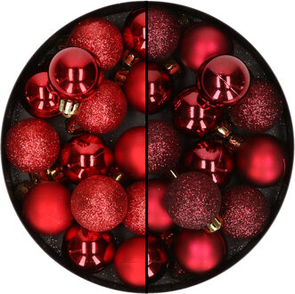 28x stuks kleine kunststof kerstballen bordeaux rood en rood 3 cm