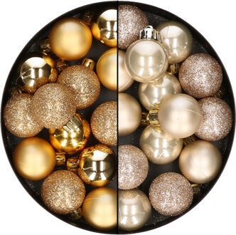 28x stuks kleine kunststof kerstballen champagne en goud 3 cm