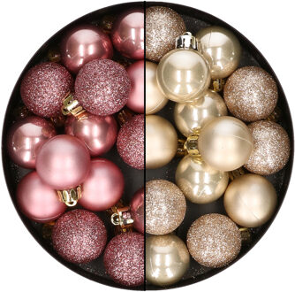 28x stuks kleine kunststof kerstballen champagne en oudroze 3 cm - Kerstbal Champagnekleurig