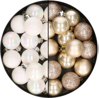 28x stuks kleine kunststof kerstballen champagne en parelmoer wit 3 cm - Kerstbal