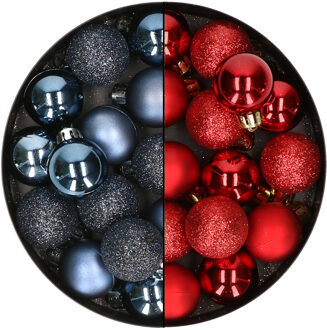 28x stuks kleine kunststof kerstballen donkerblauw en bordeaux rood 3 cm - Kerstbal