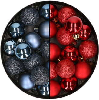 28x stuks kleine kunststof kerstballen donkerblauw en bordeaux rood 3 cm