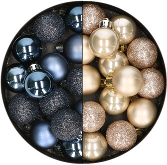 28x stuks kleine kunststof kerstballen donkerblauw en champagne 3 cm