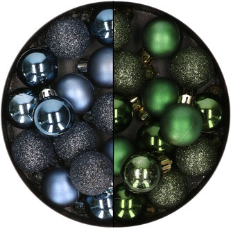 28x stuks kleine kunststof kerstballen donkerblauw en donkergroen 3 cm