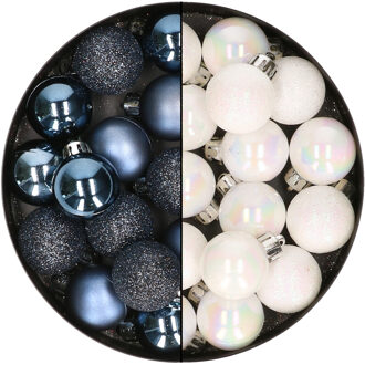 28x stuks kleine kunststof kerstballen donkerblauw en parelmoer wit 3 cm - Kerstbal