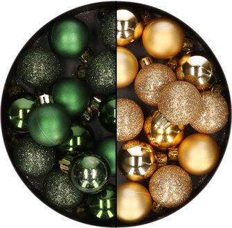 28x stuks kleine kunststof kerstballen goud en donkergroen 3 cm