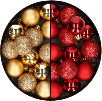 28x stuks kleine kunststof kerstballen goud en rood 3 cm Goudkleurig
