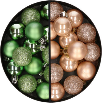 28x stuks kleine kunststof kerstballen groen en lichtbruin 3 cm - Kerstbal