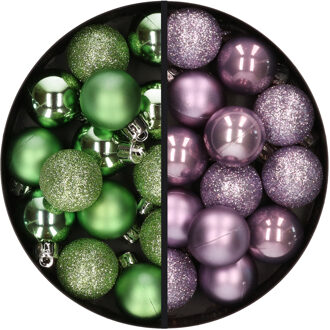 28x stuks kleine kunststof kerstballen groen en lila paars 3 cm - Kerstbal