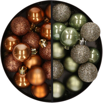 28x stuks kleine kunststof kerstballen legergroen en bruin 3 cm - Kerstbal