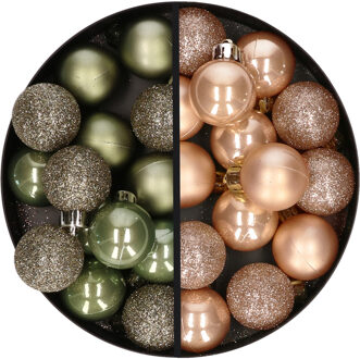 28x stuks kleine kunststof kerstballen legergroen en lichtbruin 3 cm - Kerstbal