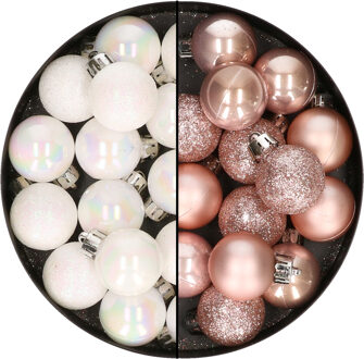 28x stuks kleine kunststof kerstballen lichtroze en parelmoer wit 3 cm