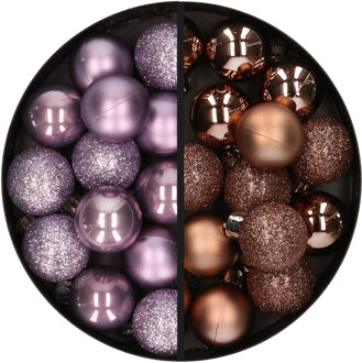 28x stuks kleine kunststof kerstballen lila paars en bruin 3 cm - Kerstbal
