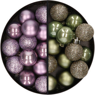 28x stuks kleine kunststof kerstballen lila paars en legergroen 3 cm - Kerstbal