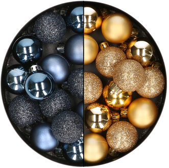 28x stuks kleine kunststof kerstballen nachtblauw en goud 3 cm