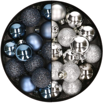 28x stuks kleine kunststof kerstballen nachtblauw en zilver 3 cm Donkerblauw