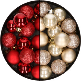 28x stuks kleine kunststof kerstballen rood en champagne 3 cm