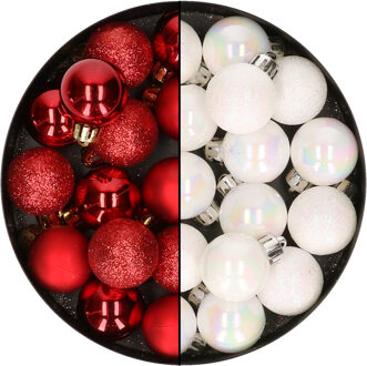 28x stuks kleine kunststof kerstballen rood en parelmoer wit 3 cm