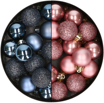 28x stuks kleine kunststof kerstballen velvet roze en nachtblauw 3 cm