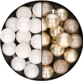 28x stuks kleine kunststof kerstballen wit en champagne 3 cm