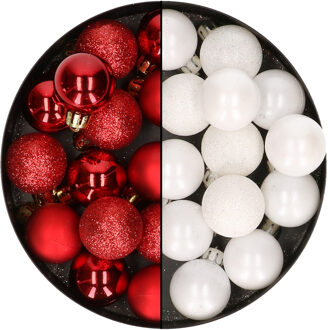 28x stuks kleine kunststof kerstballen wit en rood 3 cm