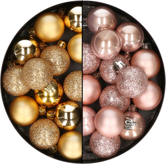 28x stuks kleine kunststof kerstballen zachtroze en goud 3 cm