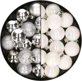 28x stuks kleine kunststof kerstballen zilver en parelmoer wit 3 cm