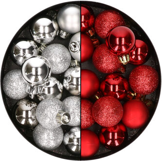 28x stuks kleine kunststof kerstballen zilver en rood 3 cm