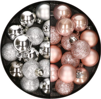 28x stuks kleine kunststof kerstballen zilver en zachtroze 3 cm