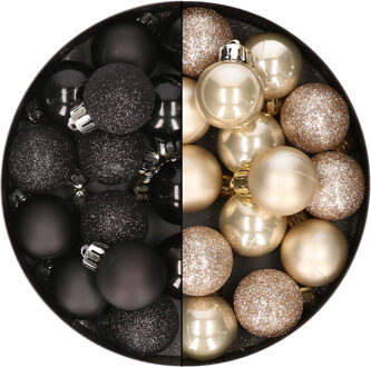 28x stuks kleine kunststof kerstballen zwart en champagne 3 cm - Kerstbal Champagnekleurig