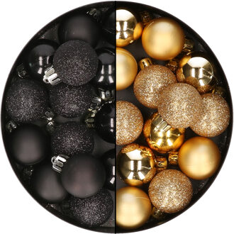 28x stuks kleine kunststof kerstballen zwart en goud 3 cm - Kerstbal